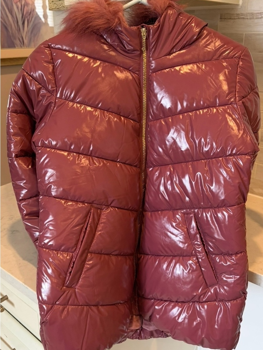 Juicy Couture Girls Laminated Puffer Jacket with Faux Fur Hood